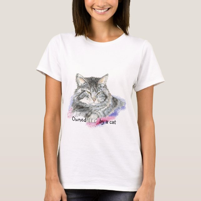 Camiseta Gracioso propiedad de un gato con gato acuarela (Anverso)