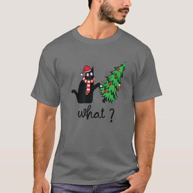 Camiseta Gracioso Regalo de Gato Negro Que Presiona El Árbo (Anverso)