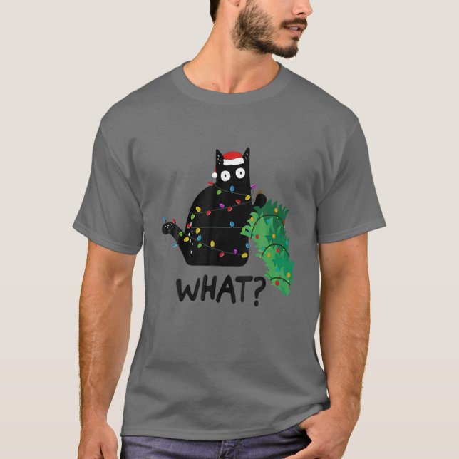 Camiseta Gracioso Regalo de Gato Negro Que Presiona El Árbo (Anverso)