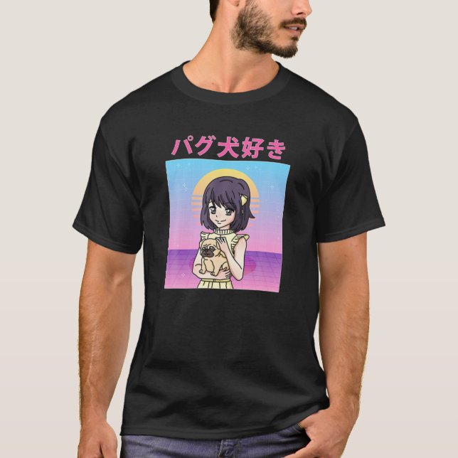 Camiseta Gracioso Retro 90 Japonés Kawaii Anime Chica Pug D (Anverso)