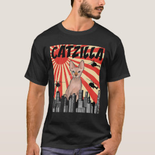 Camiseta Gracioso Retro Catzilla Japonesa Sphynx Cat T Shir