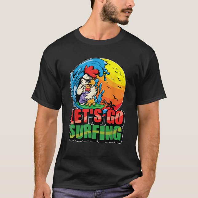 Camiseta Gracioso Rooster Surfing Summer Ocean Waves (Anverso)