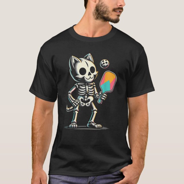 Camiseta Gracioso Scary Pickleball Cat Skeleton Jugando En  (Anverso)