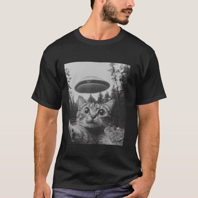 Camiseta Gracioso Selfie De Gato Con Alientes De OVNI Mujer (Anverso)