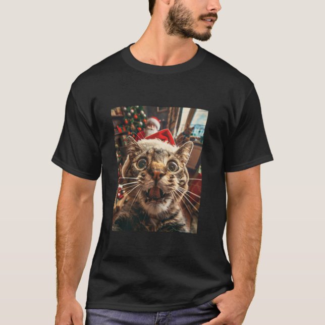 Camiseta Gracioso Selfie De Gato Con Navidades De Santa (Anverso)