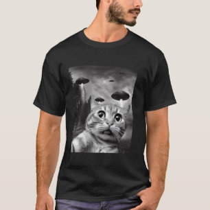 Camiseta Gracioso Selfie de Gato con OVNIs retro gato T Shi