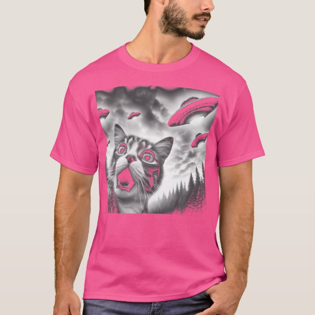 Camiseta Gracioso Selfie De Gato Con Ufos (Anverso)