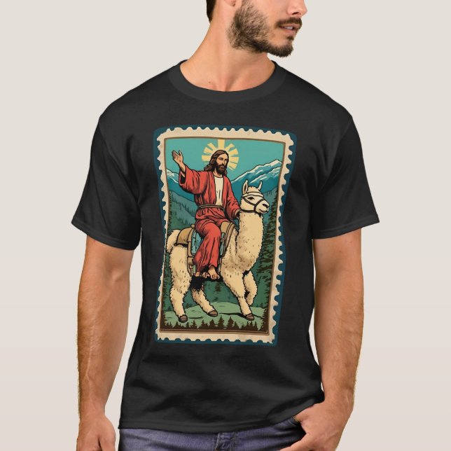 Camiseta Gracioso Señor Jesús montando la Alpaca Cristo Org (Anverso)
