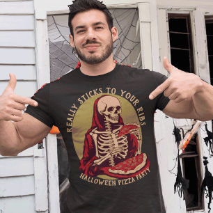 Camiseta Gracioso Skeleton Comer Pizza Halloween Gótico