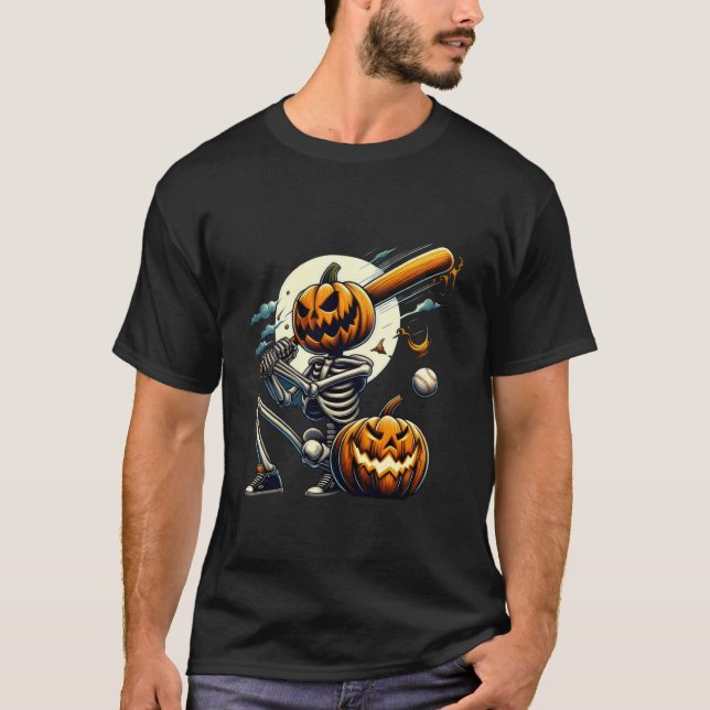 Camiseta Gracioso Skeleton Jugando Calabaza De Béisbol Para (Anverso)