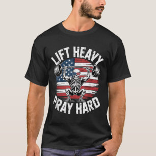 Camiseta Gracioso Skeleton La Bandera De Ee. Uu. Levantan f