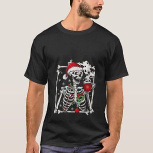 Camiseta Gracioso Skeleton Xmas con Sonriente Skull Drinkin