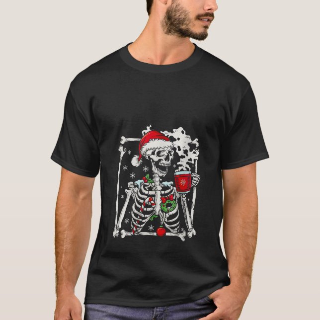 Camiseta Gracioso Skeleton Xmas con Sonriente Skull Drinkin (Anverso)