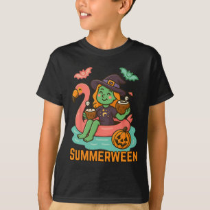 Camiseta Gracioso Summerween La Bruja Cuta Flotando En Flam