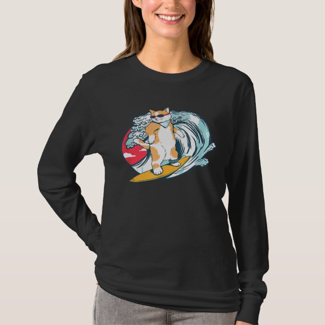 Camiseta Gracioso Surfing Cat Kitty Surfer Surfboard (Anverso)