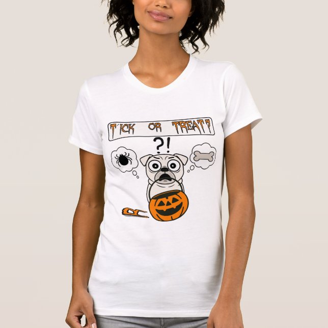 Camiseta Gracioso truco o trato a Pug Halloween (Anverso)