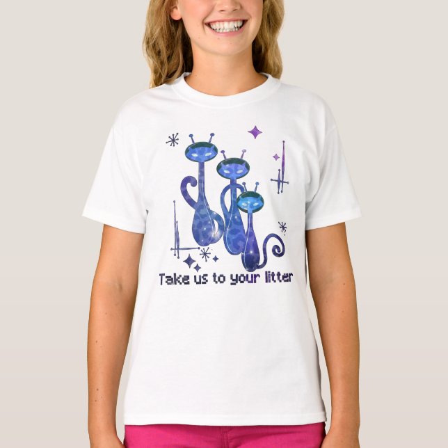 Camiseta Graciosos Gatos Alienígenas - "Llévanos A Tu Litro (Anverso)