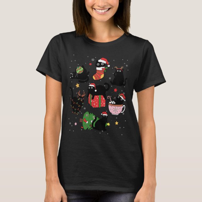 Camiseta Graciosos gatos negros Santa Hat Árbol de Navidad  (Anverso)