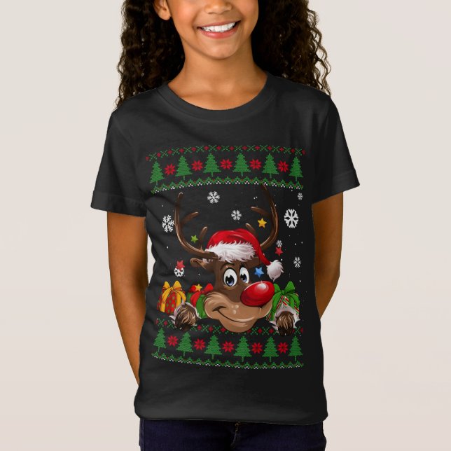 Camiseta Graciosos renos adoran a Santa Hat Feo Navidades S (Anverso)