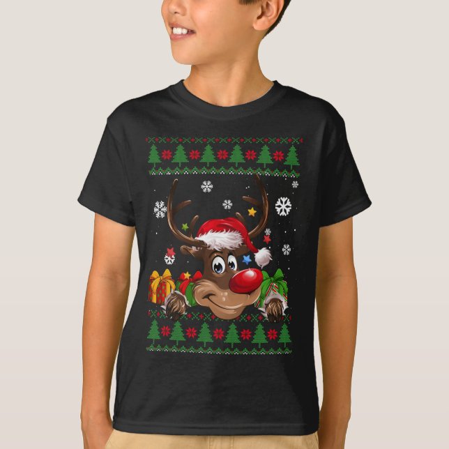 Camiseta Graciosos renos adoran a Santa Hat Feo Navidades S (Anverso)