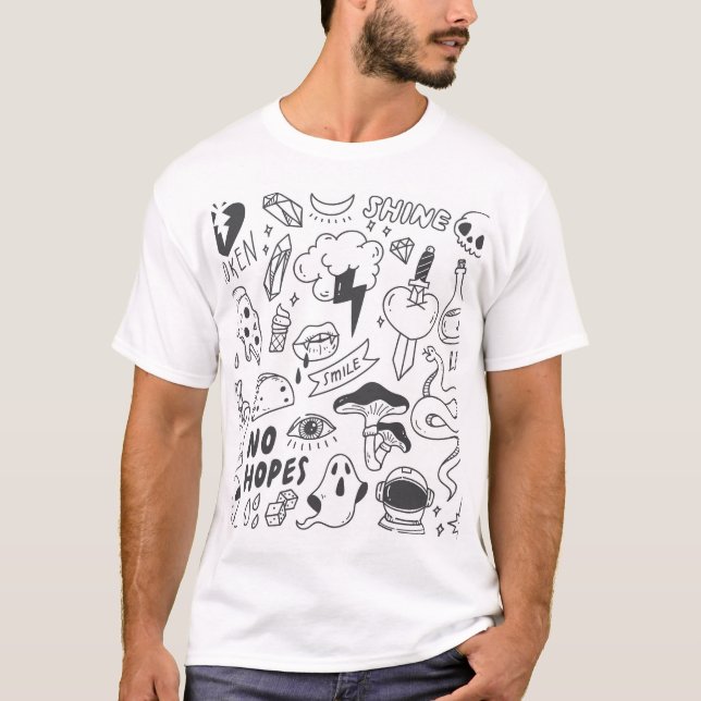 Camiseta Graffiti lindo: Conjunto de arte Doodle. (Anverso)
