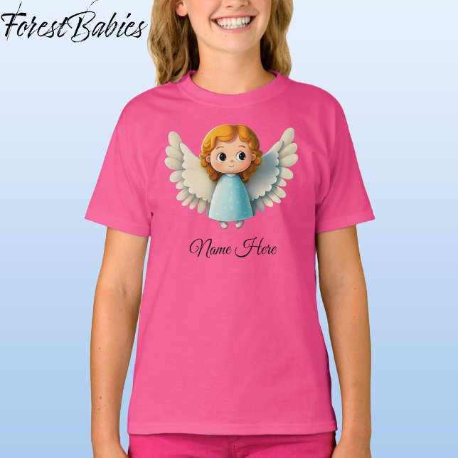 Camiseta Gráfica de Angel Adorable Personalizado, Chica de  (Angel Pink Customizable ForestBabies T-shirt - Front)