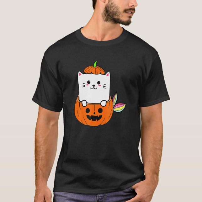 Camiseta Gráfica de calabaza de Halloween de sirena de gato (Anverso)