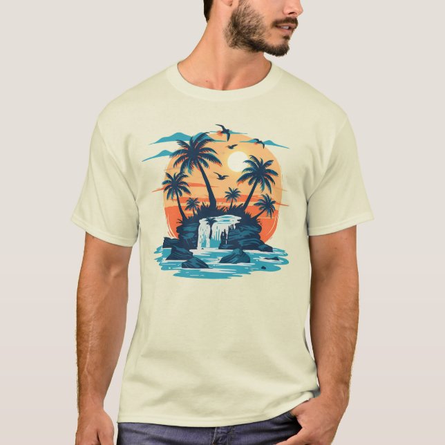 Camiseta gráfica de cascada al atardecer tropical (Anverso)