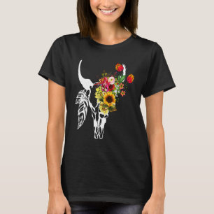 Camiseta Gráfica de cráneo de vaca boho floral rosa girasol