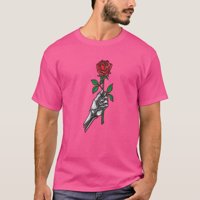Camiseta Gráfica de flor de rosa roja de mano de esqueleto (Anverso)