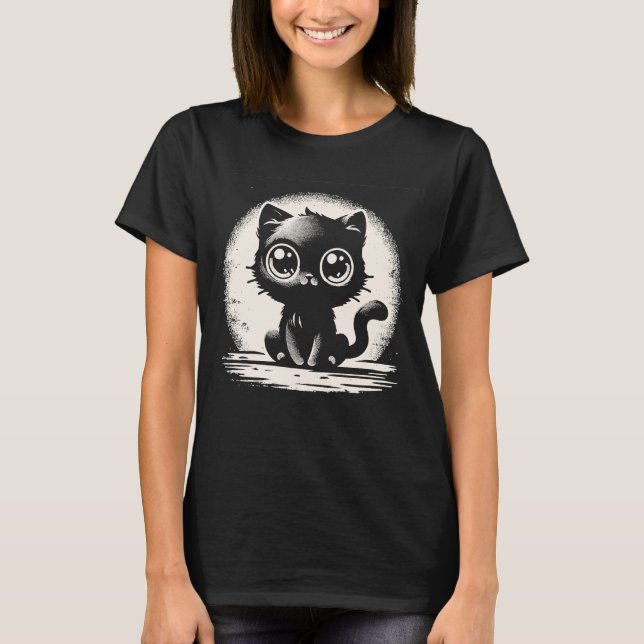 Camiseta Gráfica de gato negro adorable de ojos grandes (Anverso)