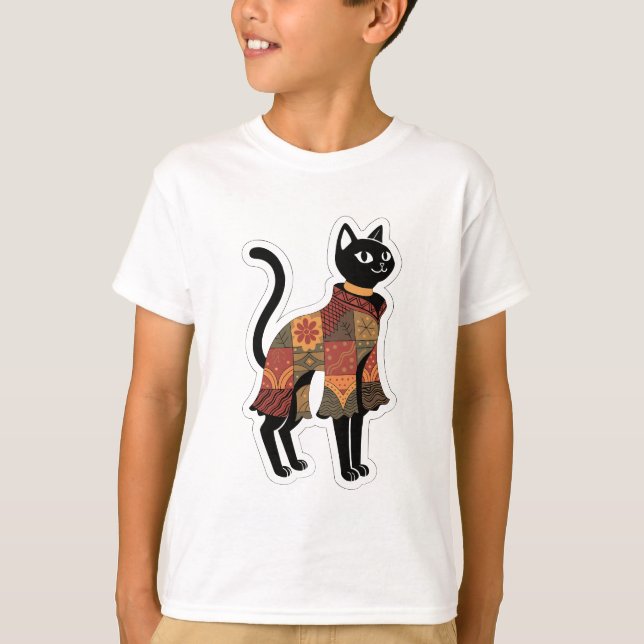 Camiseta gráfica de gato negro con patchwork boho (Anverso)