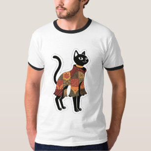 Camiseta gráfica de gato negro con patchwork boho