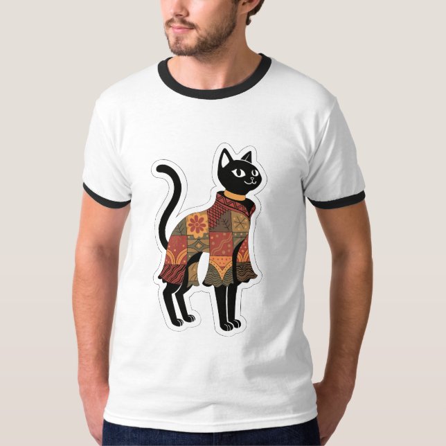 Camiseta gráfica de gato negro con patchwork boho (Anverso)