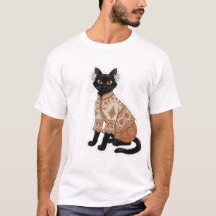Camiseta gráfica de gato negro floral de terracota
