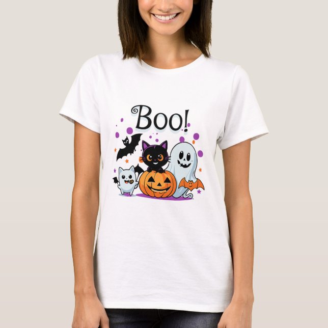 Camiseta Gráfica De Halloween De Gato De Calabaza Fantasma  (Anverso)