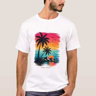 Camiseta gráfica de palmeras de playa al atardecer