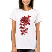 Camiseta Gráfica de Rosa y Mariposas con Tinta Roj