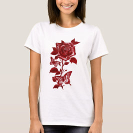 Camiseta Gráfica de Rosa y Mariposas con Tinta Roj