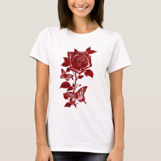 Camiseta Gráfica de Rosa y Mariposas con Tinta Roj