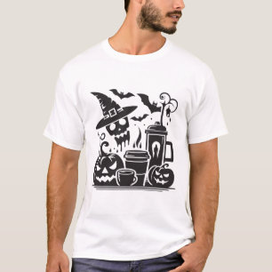 Camiseta Gráfica de Silueta de Café de Halloween en Blanco