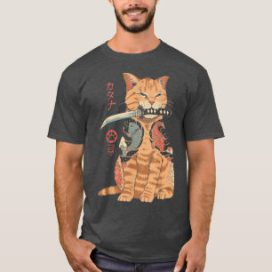 Camiseta Gráfica de tatuaje Kawaii de gato Ninja de Samurai