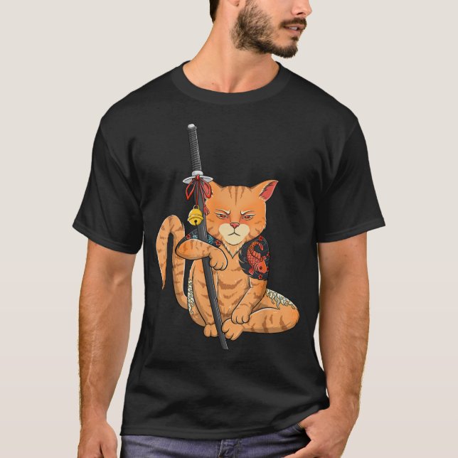 Camiseta Gráfica del tatuaje Kawaii del gato japonés Samura (Anverso)