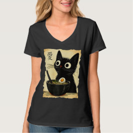 Camiseta Gráfica Divertida de Gato Comiendo Ramen