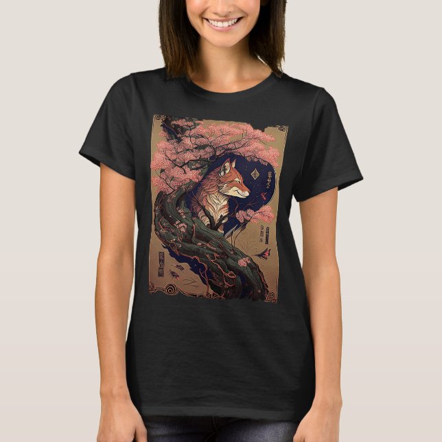 Camiseta Gráfico de Fox Scroll japonés con flores de cerezo (Anverso)