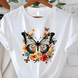 Camiseta Gráfico de Naturaleza Floral de Mariposa Elegante