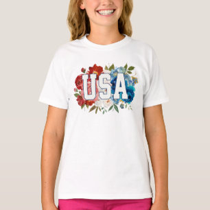 Camiseta Gráfico de tipografía floral de EE. UU. -