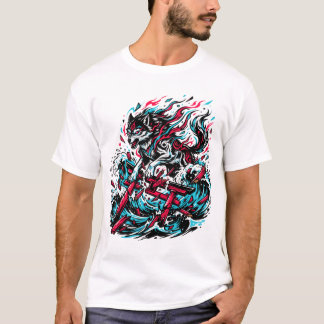 Camiseta Gráfico del Espíritu del Lobo Japonés Neo Tradicio