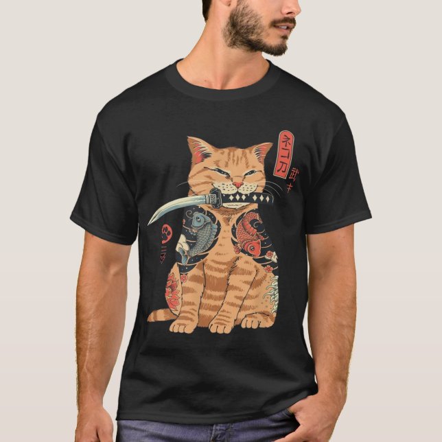 Camiseta Gráfico del gato japonés samurai Ninja Kawaii Tatt (Anverso)
