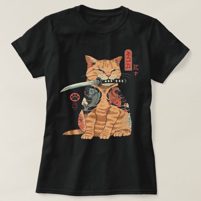 Camiseta Gráfico del gato japonés samurai Ninja Kawaii Tatt (Diseño del anverso)